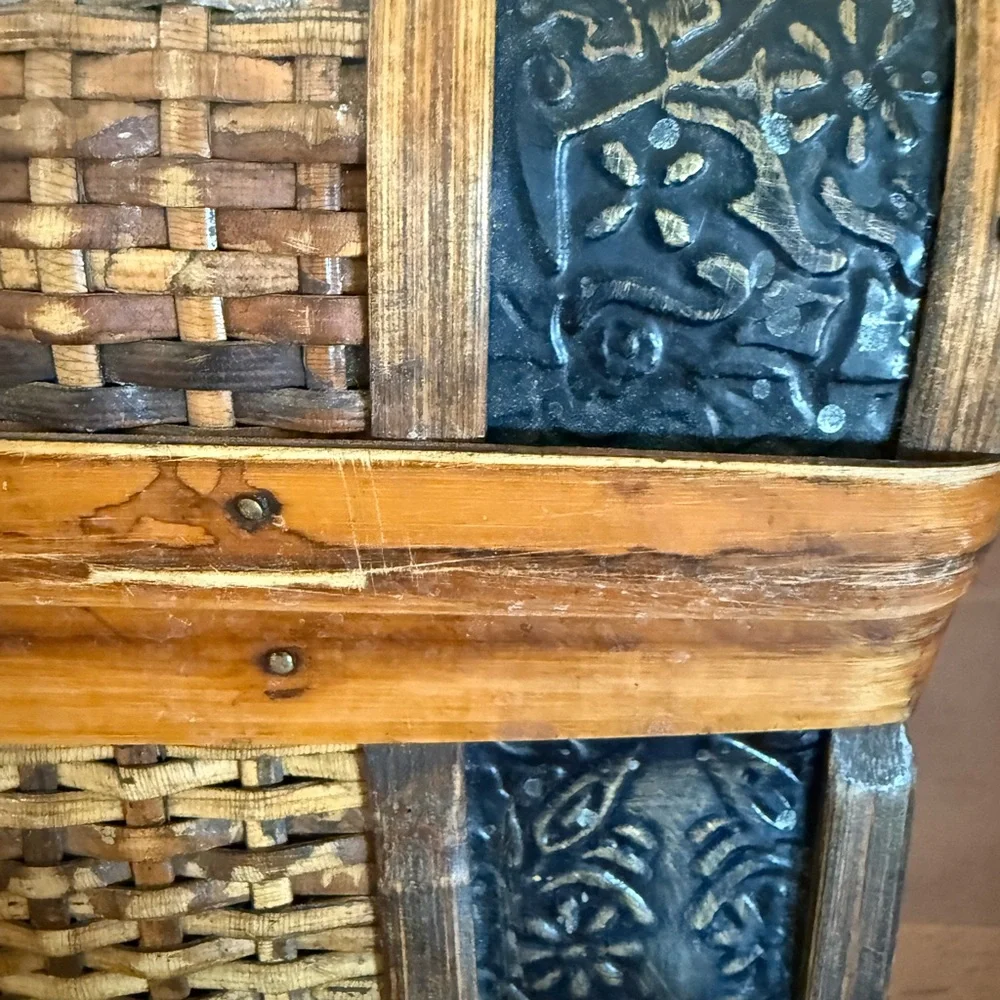 Vintage Woven Wooden Chest with Metal Accents trinket‎ box rustic 8x7x7”